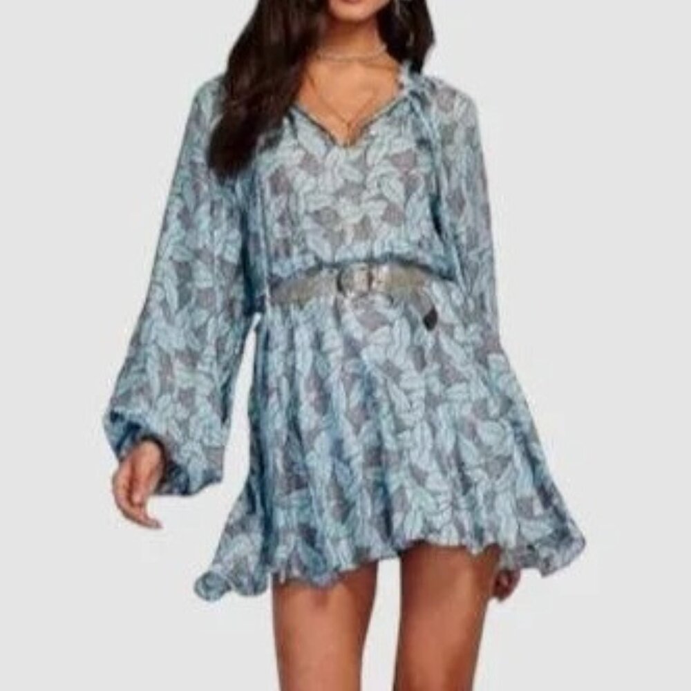 Ramy Brook Tatum Leaf Floral Print Long Sleeve Pleated Ruffle Mini Dress Medium